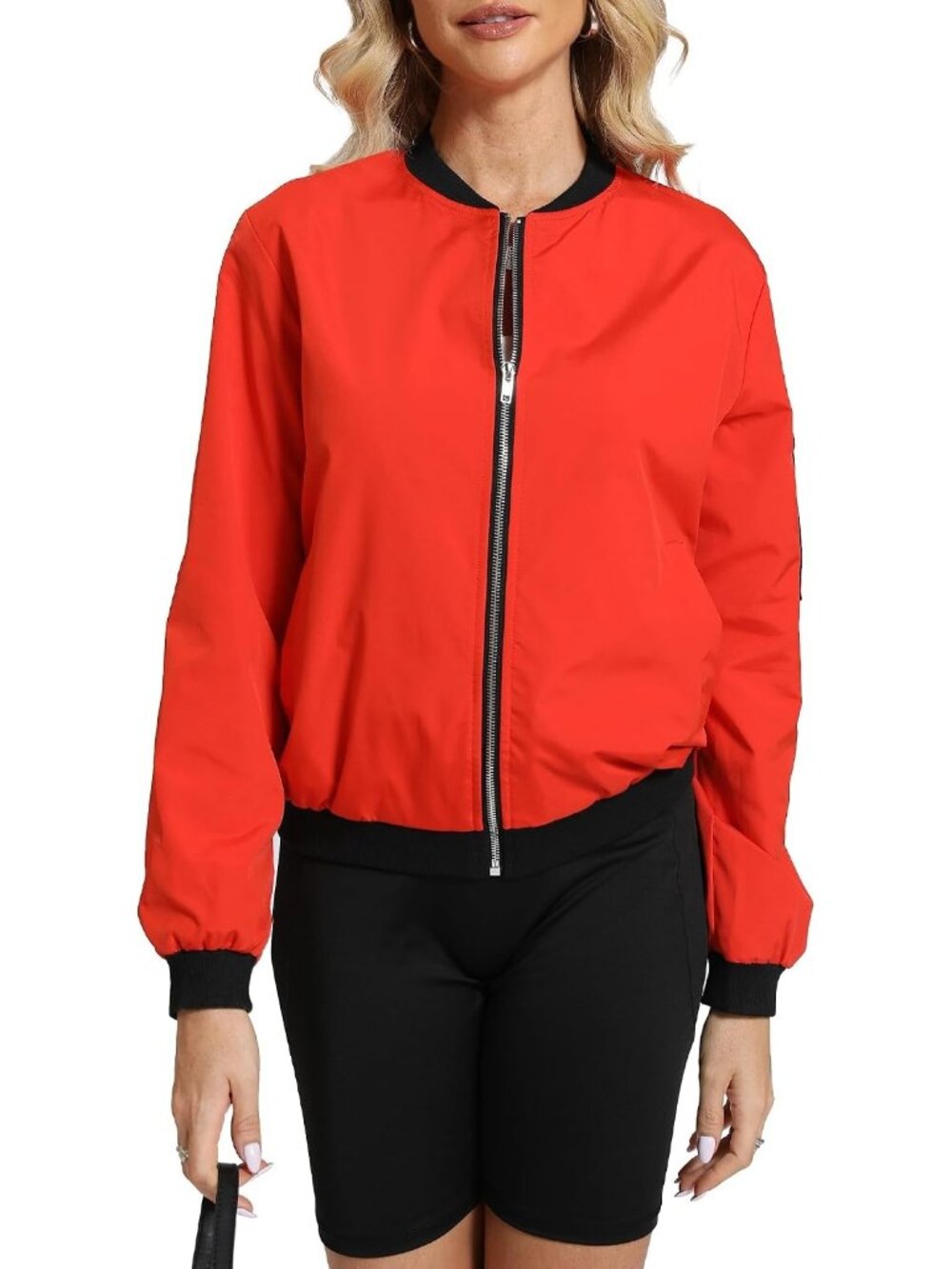 Women Orange 100% Polyester Zip-Up Shawl Collar Pocket Windbreaker Bomber Jacket